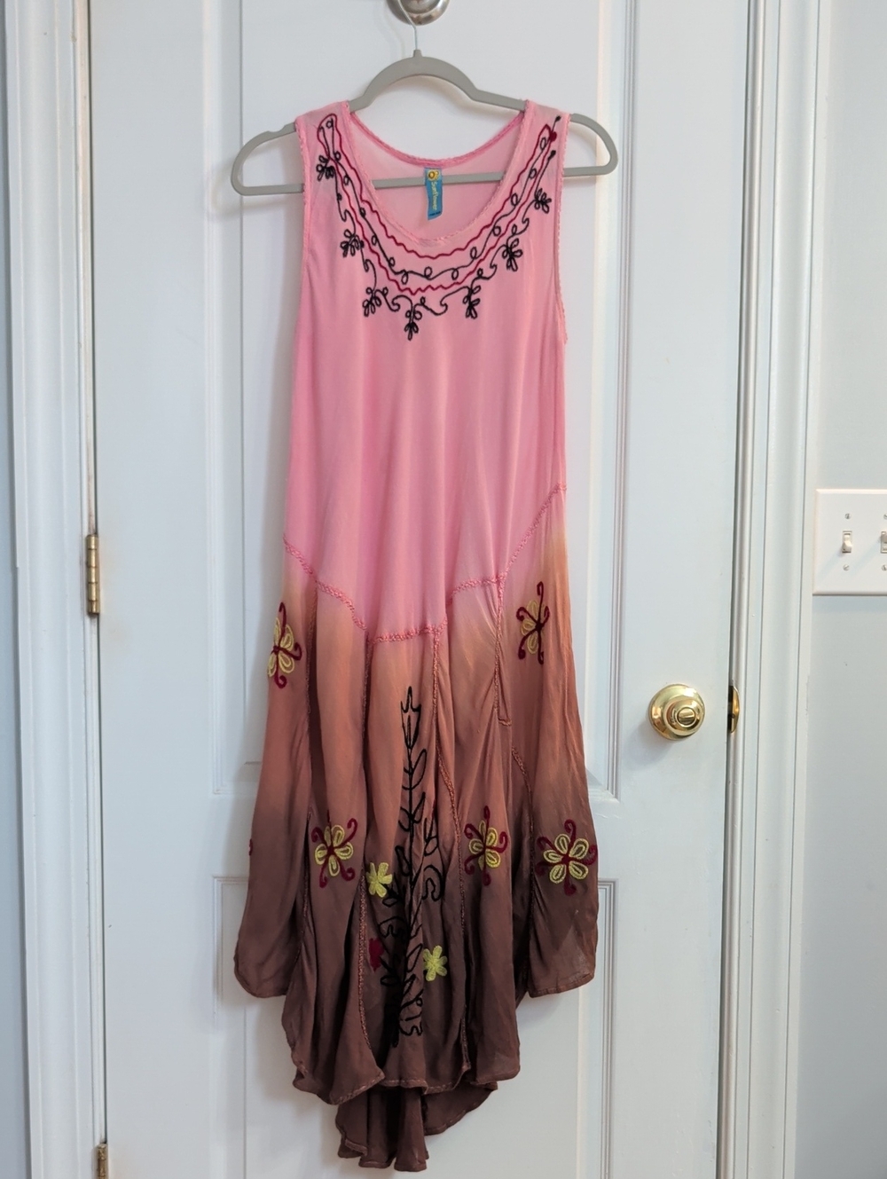 Sunflower Pink-to-Brown Ombre High-Low Dress with Embroidered Accents